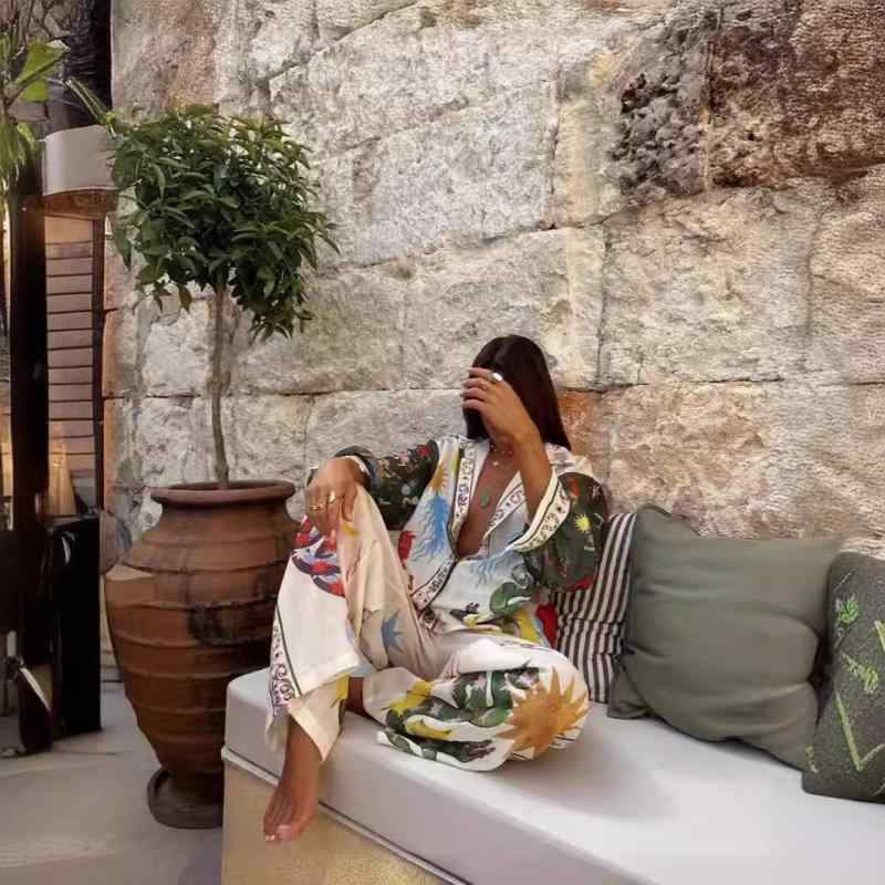 シャツ レディース 麻 リネン 長袖 セットアップ 杏色 赤色 プリント 柄 快適 普段着 通勤