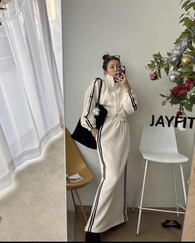 スカート レディース 春秋 立襟 ストライプ柄 短め カーディガン スウェット トレーナー プラス 痩せて見える ハイウエスト ロングスカート 2点セット ミディアム丈 エレガント きれいめ お洒落着 デート