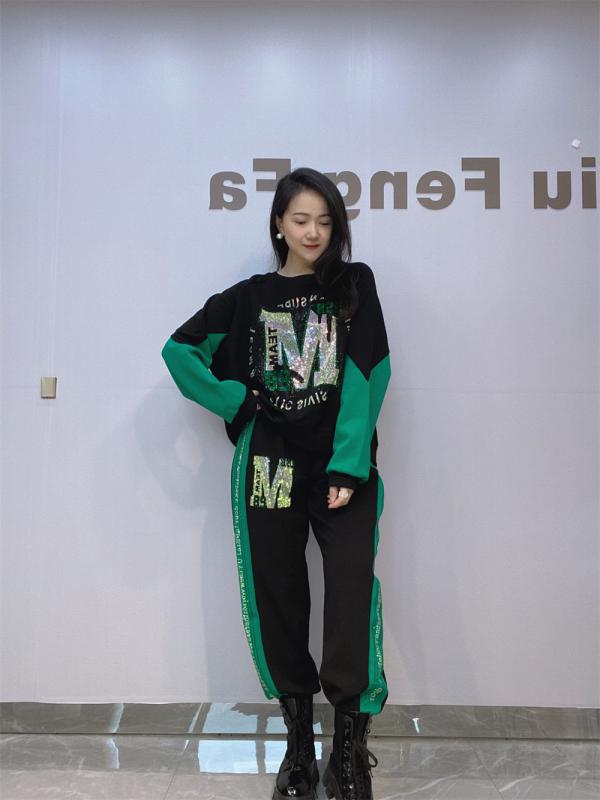 パンツ レディース 部屋着 長袖 長ズボン 上下セット コットン ラインストーン 切り替え ゆったり ブラック グリーン系 秋冬 韓国風 カジュアル