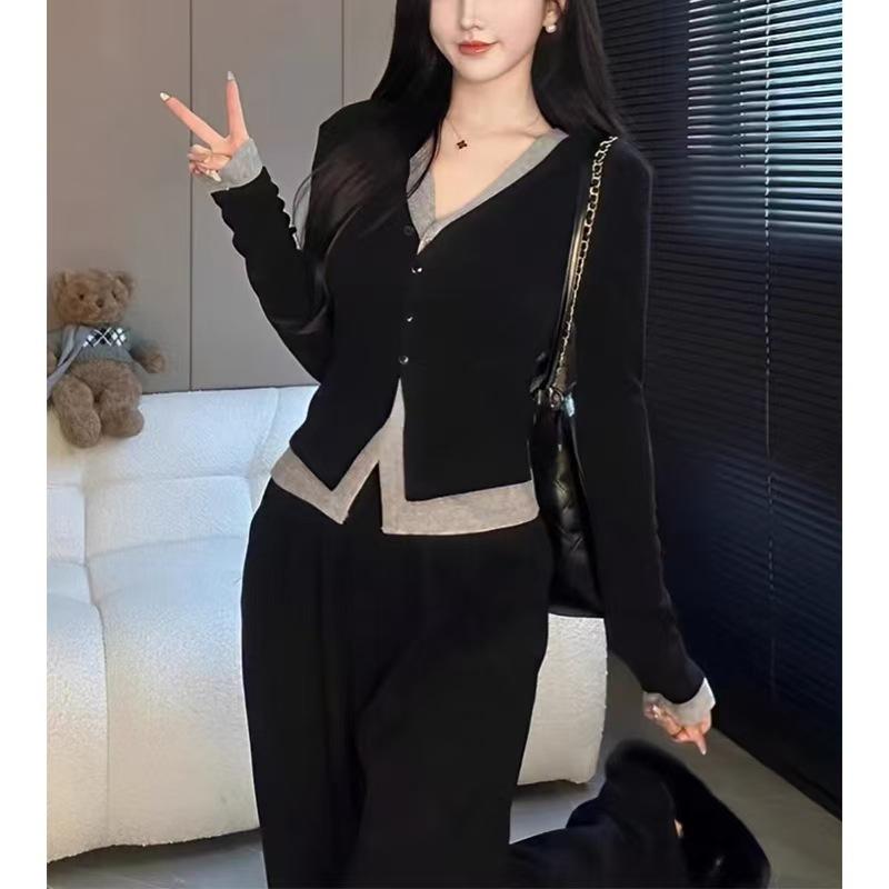 セットアップ レディース 秋冬 配色 カーディガン トップス ワイドレッグパンツ 2点セット ポリエステル 日韓スタイル カジュアル ブラック オートミール S M L XL XXL