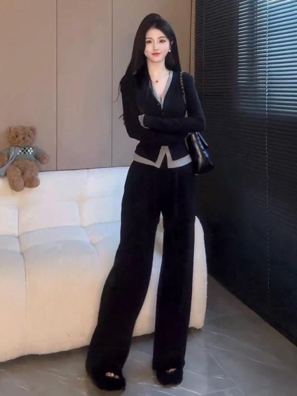 Other - セットアップ レディース 春秋 2点セット：カーディガン トップス ワイドレッグパンツ ゆったり 快適 コットン混紡 カジュアル スタイル ブラック ピンク系 杏色