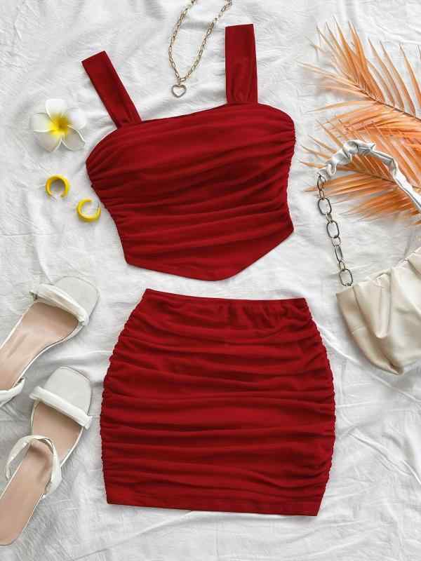 セットアップ レディース キャミソール トップス タイト ミニスカート ポリエステル レッド 赤 無地 へそ出し ギャザー 伸縮性 普段使い かわいい セクシー 春夏