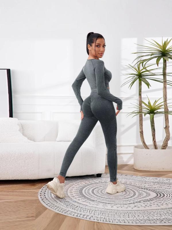 ヨガウェア レディース 長袖 スポーツトップス ハイウエスト レギンス 上下セット 水洗い風 パステルカラー ウォーキング ランニング エクササイズ