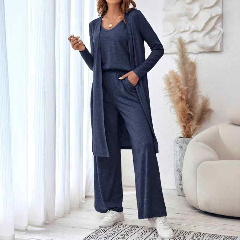 レディースパンツセットアップ 無地 キャミソール トップス カーディガン 長袖 長ズボン 3点セット ポリエステル ブルー 普段使い ルームウェア