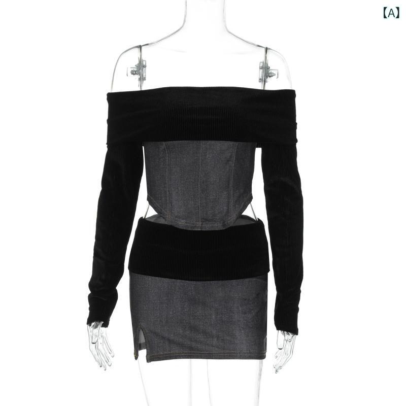 セットアップ レディース 秋冬 肩出し トップス ミニスカート 切り替え カジュアル 膝上丈 ポリエステル 長袖 無地 黒/青/ヒョウ柄