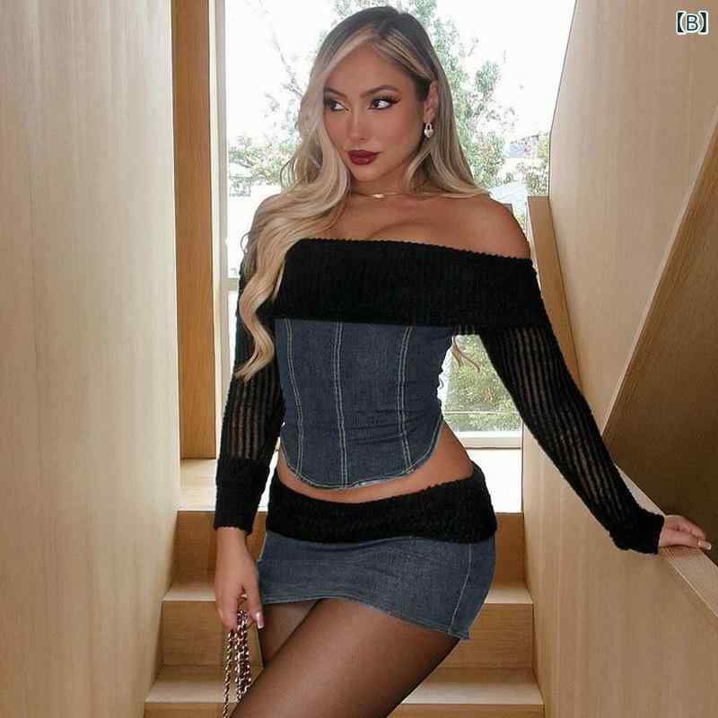 セットアップ レディース 秋冬 肩出し トップス ミニスカート 切り替え カジュアル 膝上丈 ポリエステル 長袖 無地 黒/青/ヒョウ柄