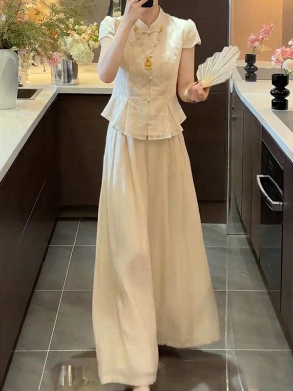 セットアップ レディース チャイナ風 トップス パンツ ポリエステル エレガント 拼接 三分袖 ズボン 中国風