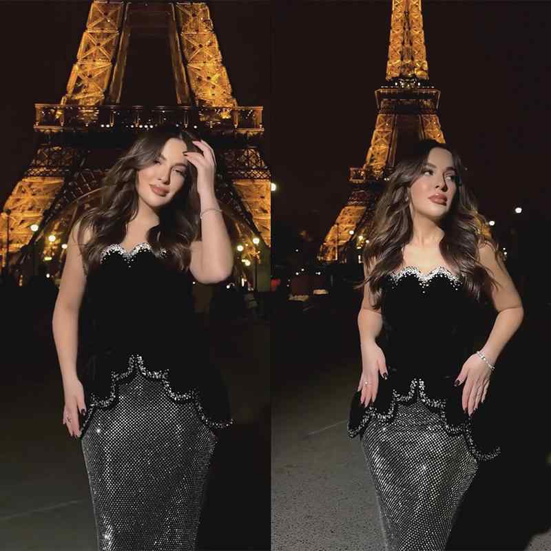 セットアップ レディース 水钻 ベアトップ ビスチェ 高腰 ロングスカート セクシー 黒 ブラック ポリエステル 無袖 パーティー ドレス キャバ嬢 欧美風