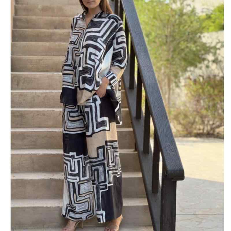 セットアップ レディース ファッション 綿麻 多色プリント 長袖 トップス ストレートパンツ 2点セット カジュアル 普段使い