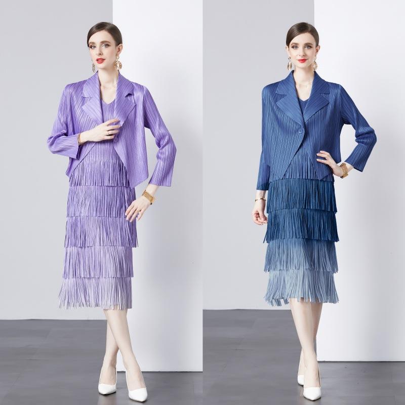 スーツ レディース 2点セット ジャケット Vネック ケーキスカート ワンピース グラデーションカラー 膝..