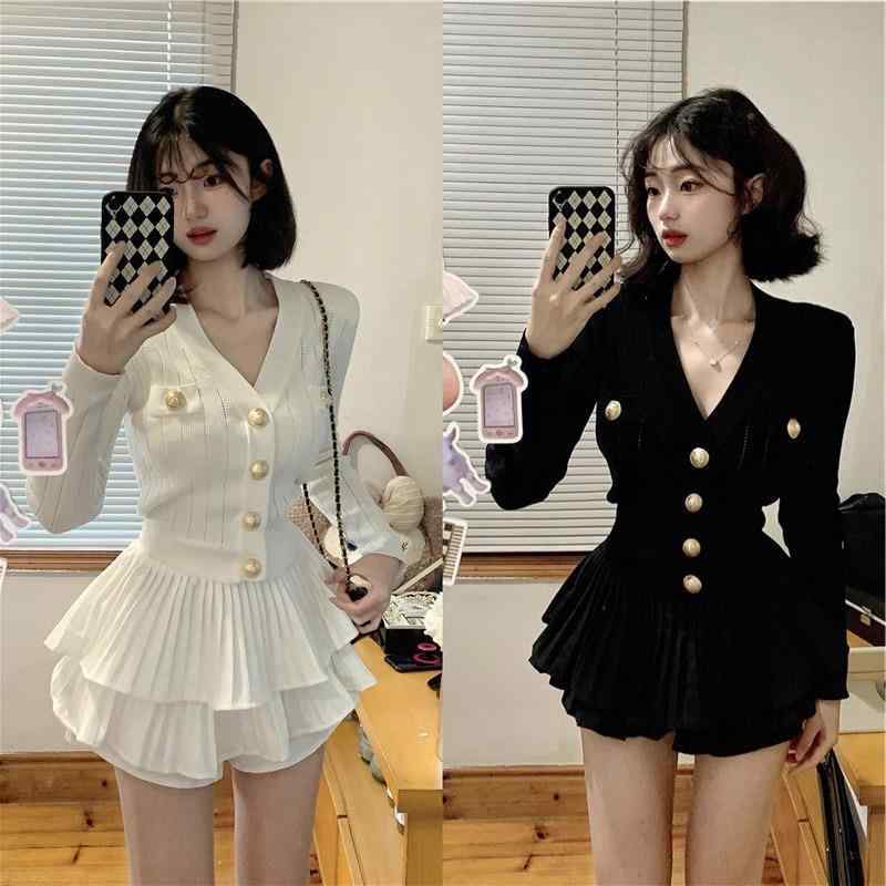 ニット レディース Vネック 長袖 トップス ケーキスカート セットアップ ポリエステル プリーツ Aライ..