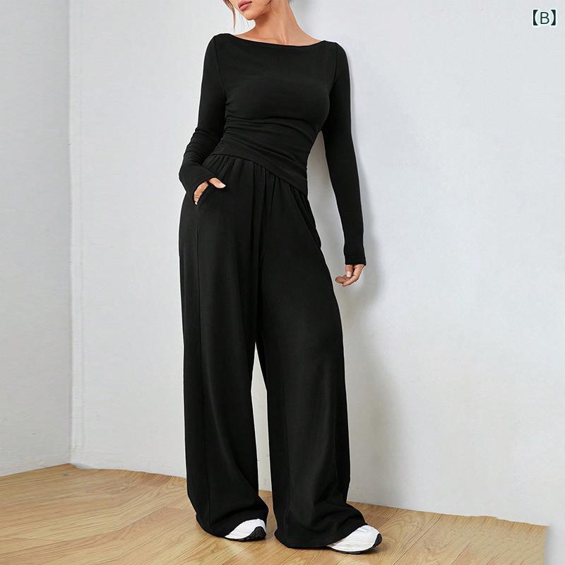 レディース ワイドレッグパンツ セットアップ 2点セット ポリエステル ゆったり 無地 プリーツ 長袖 カットソー トップス カジュアル 通勤 秋冬 ダークグレー ブラック グリーン ブラウン ネイビー