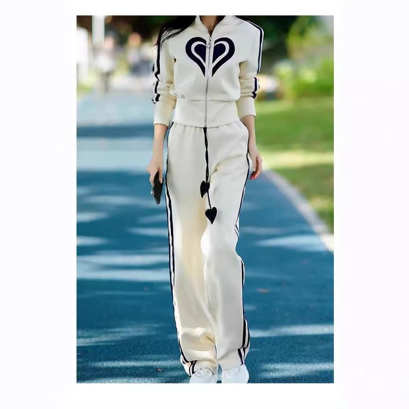 セットアップ レディース 春秋 ジャージ 長袖 トップス ワイドパンツ スポーティー カジュアル 韓国風 ポリエステル ブラック 黒 ホワイト 白
