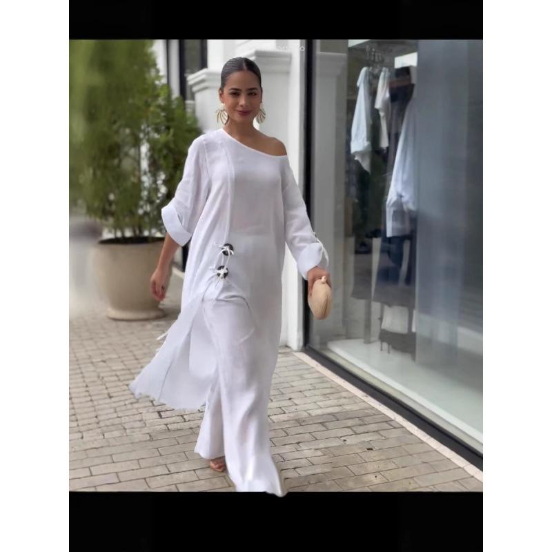 レディース パンツ セットアップ 春夏 幾何学模様 ルーズ ロング丈 快適 婦人服 長袖 ホワイト