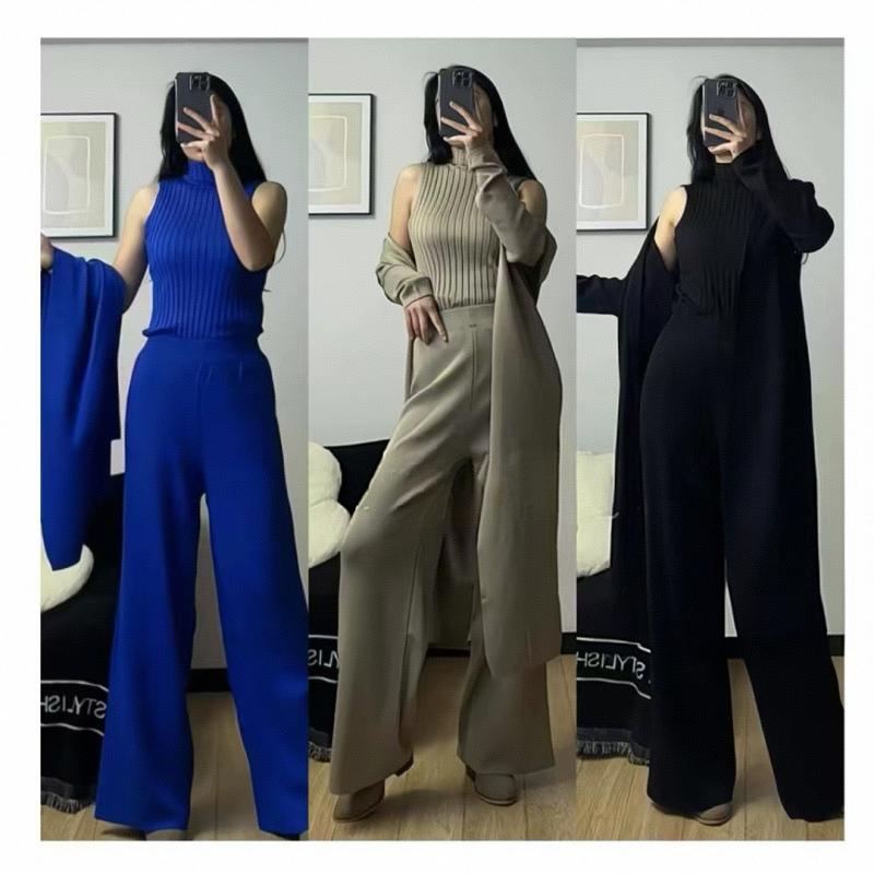 セットアップ レディース ショール カーディガン Vネック ニット トップス ワイドレッグ ロングパンツ 3点セット 無地 モダール繊維 杏色 通勤 普段使い