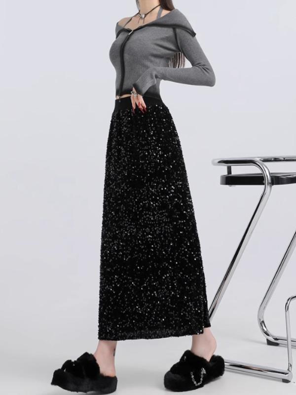 スカート レディース 秋冬 ベルベット スパンコール Aライン ミモレ丈 ブラック ポリエステル ゆったり 伸縮性 体型カバー