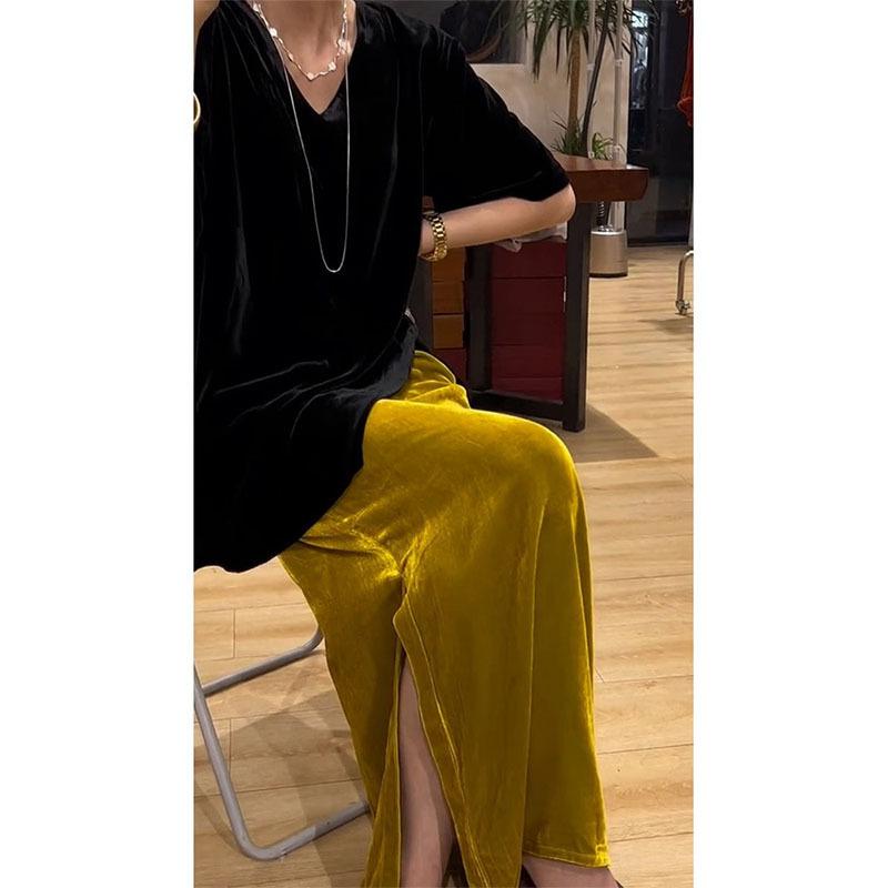 ・柄: 無地・主な素材: スパンデックス・スカートのタイプ: Aライン・スカート丈: ロング・色: イエロー・サイズ: S, M, L, XL, 2XL・スタイル: エレガント