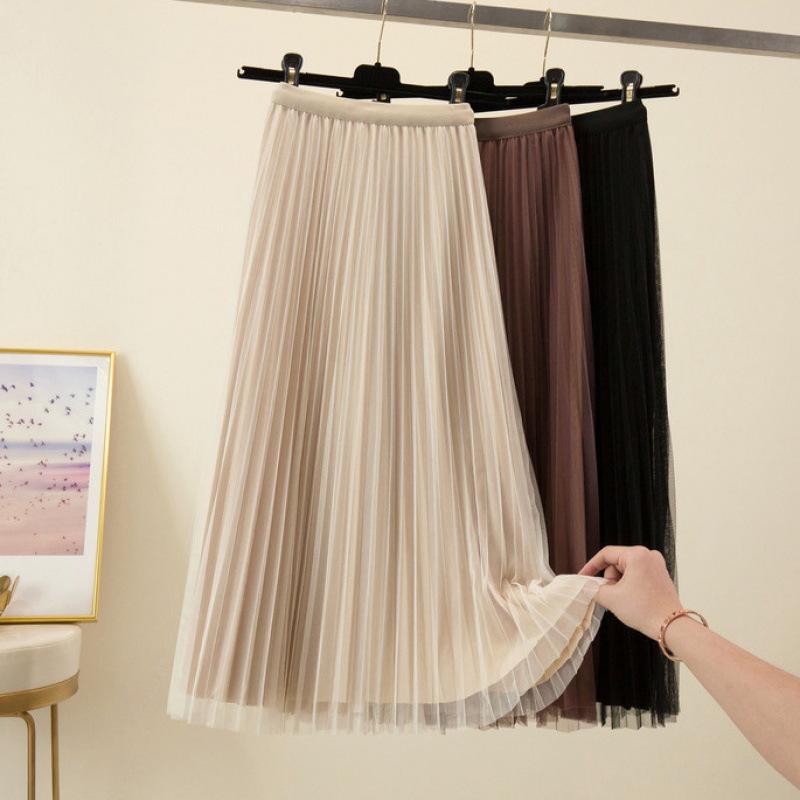 スカート レディース 秋冬 高腰 Aライン 中ロング丈 金糸 ベルベット 百褶スカート チュールスカート 垂れ感 コーヒー色 黒 杏色