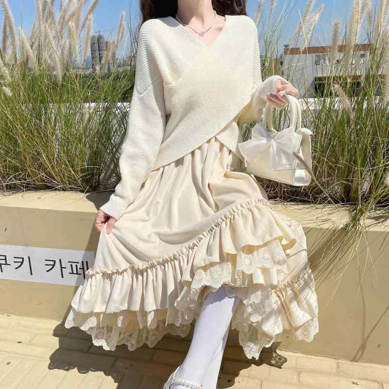 乐天商城 - スカート レディース 秋冬 ベルベット レース Aライン 中ロング丈 ケーキスカート フレアスカート 切り替え コットン ポリエステル ミモレ丈 黒 ブラック ベージュ系