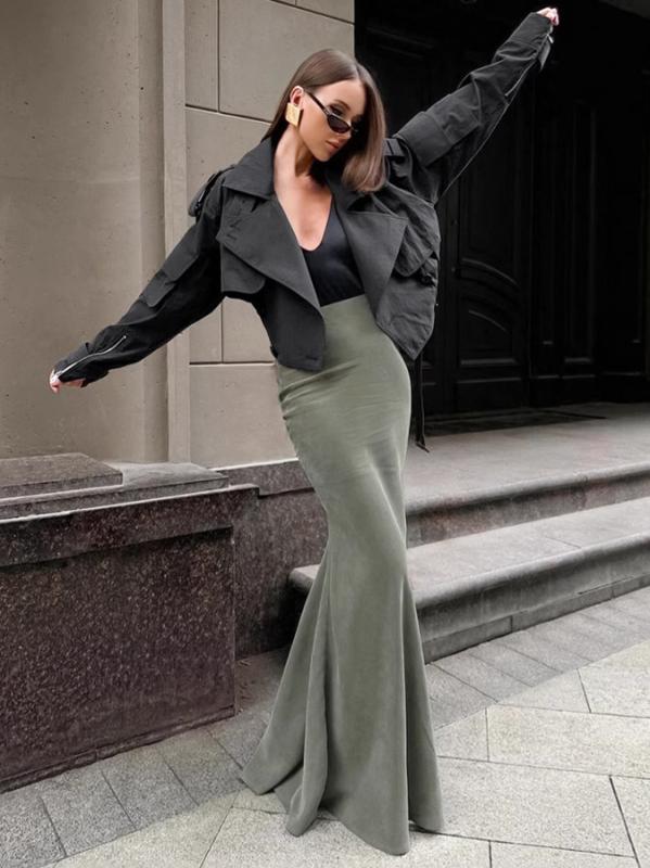 スカート レディース 秋冬 レトロ 銀狐 ベルベット 緑色 ハイウエスト 美脚 体型カバー マーメイド ロングスカート エレガント 上品 お出かけ