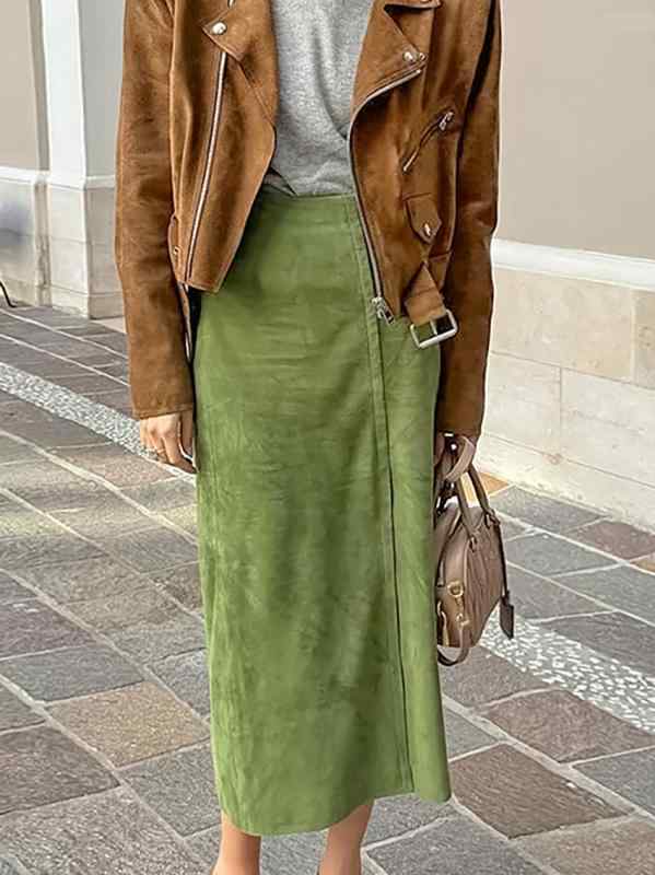 スカート レディース スエード調 ミモレ丈 ロング丈 スリット入り ハイウエスト ポリエステル 無地 グリーンスカート 通勤 秋冬