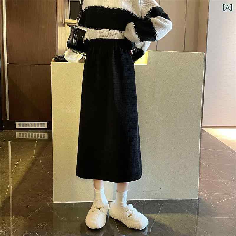 スカート レディース Aラインスカート コーデュロイスカート ミモレ丈スカート ハイウエスト バックスリット 無地 レトロ 韓国風 ブラック ベージュ 2