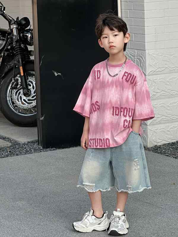セットアップ 男の子 キッズ 子供 半袖 シャツ カットソー Tシャツ トップス デニムパンツ ジーパン 長パンツ ボトムス ダメージ加工 破洞 ヴィンテージ風 レトロ トレンド カジュアル 上下セット 2点セット 夏 サマー