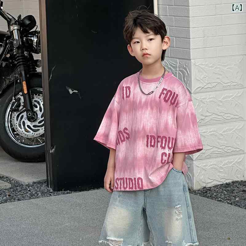 セットアップ 男の子 キッズ 子供 半袖 シャツ カットソー Tシャツ トップス デニムパンツ ジーパン 長パンツ ボトムス ダメージ加工 破洞 ヴィンテージ風 レトロ トレンド カジュアル 上下セット 2点セット 夏 サマー — vista 2