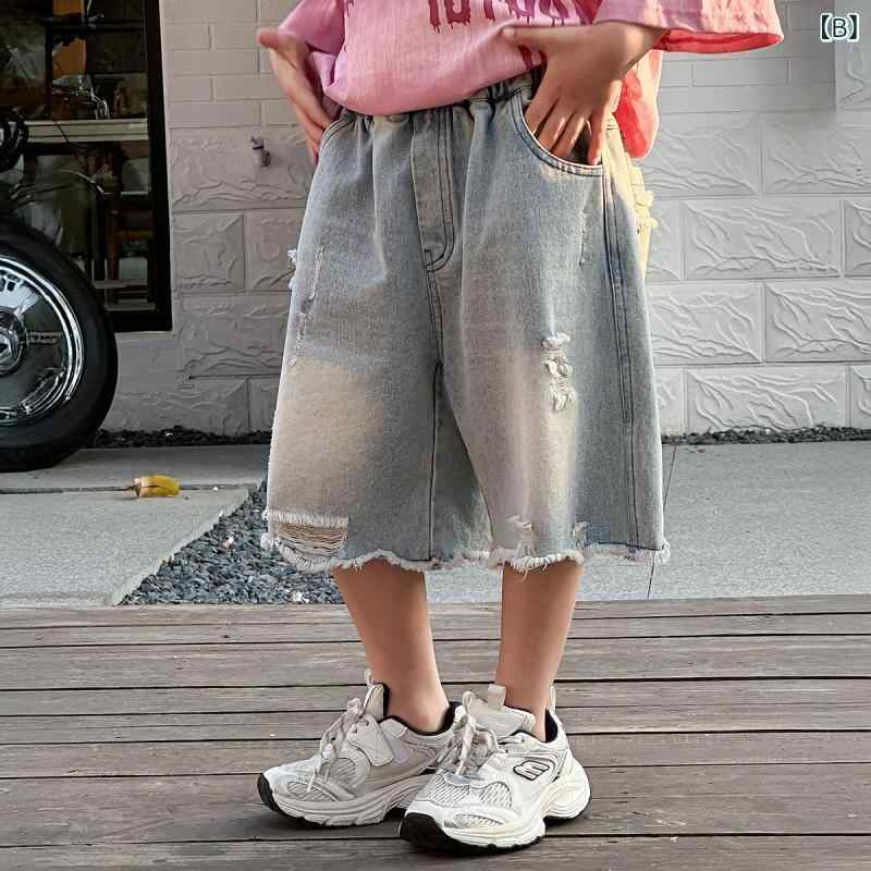 セットアップ 男の子 キッズ 子供 半袖 シャツ カットソー Tシャツ トップス デニムパンツ ジーパン 長パンツ ボトムス ダメージ加工 破洞 ヴィンテージ風 レトロ トレンド カジュアル 上下セット 2点セット 夏 サマー — vista 3