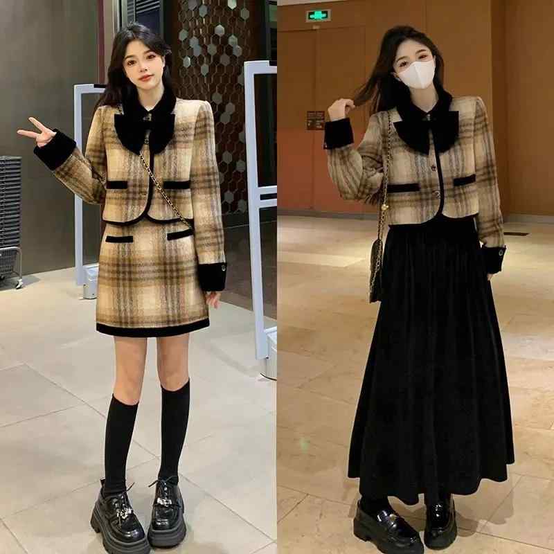 セットアップ レディース 春秋 格子柄 ジャケット スカート ツーピース 長袖 ショート ミニスカート ミディアム丈スカート ポリエステル かわいい おしゃれ エレガント