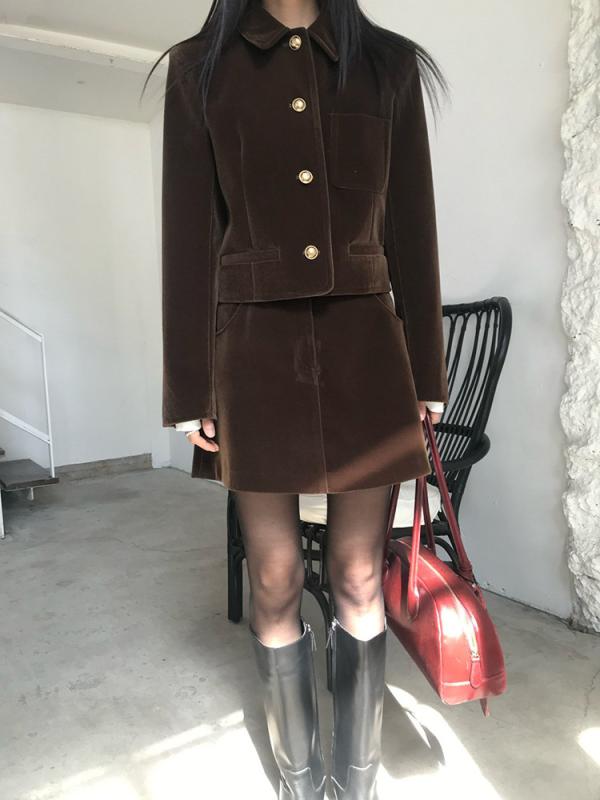 セットアップ レディース 秋冬 レトロ ベルベット スーツ ジャケット Aライン スカート ブラック ポリエステル 韓国風 ファッション 長袖