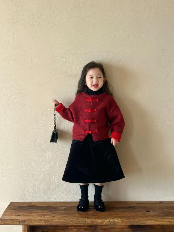 子供服 ニット・セーター ガールズ 女の子向け 中華風カーディガン レトロ チャイナボタン ポリエステ..