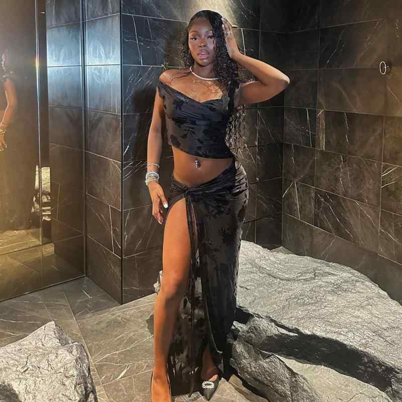 セットアップ レディース 欧米風 透け感 ベルベット 植絨 花柄 ホルターネック ノースリーブ トップス ミディアム丈 スカート ブラック 個性的 ストリート