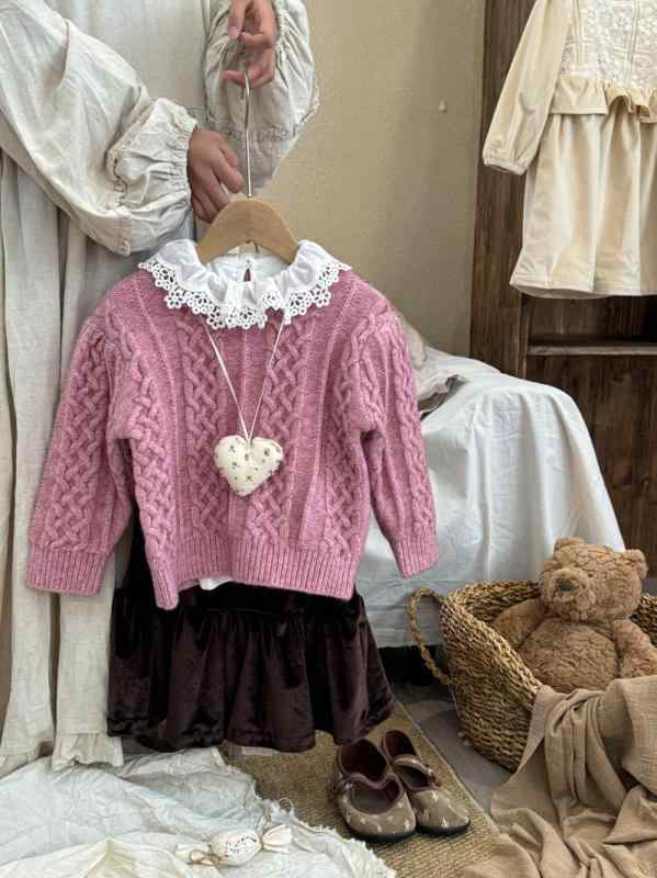 子供服 ニット・セーター 女の子 厚手 ケーブル編み セーター トップス 韓国風 秋冬 ピンク系 90cm 100..