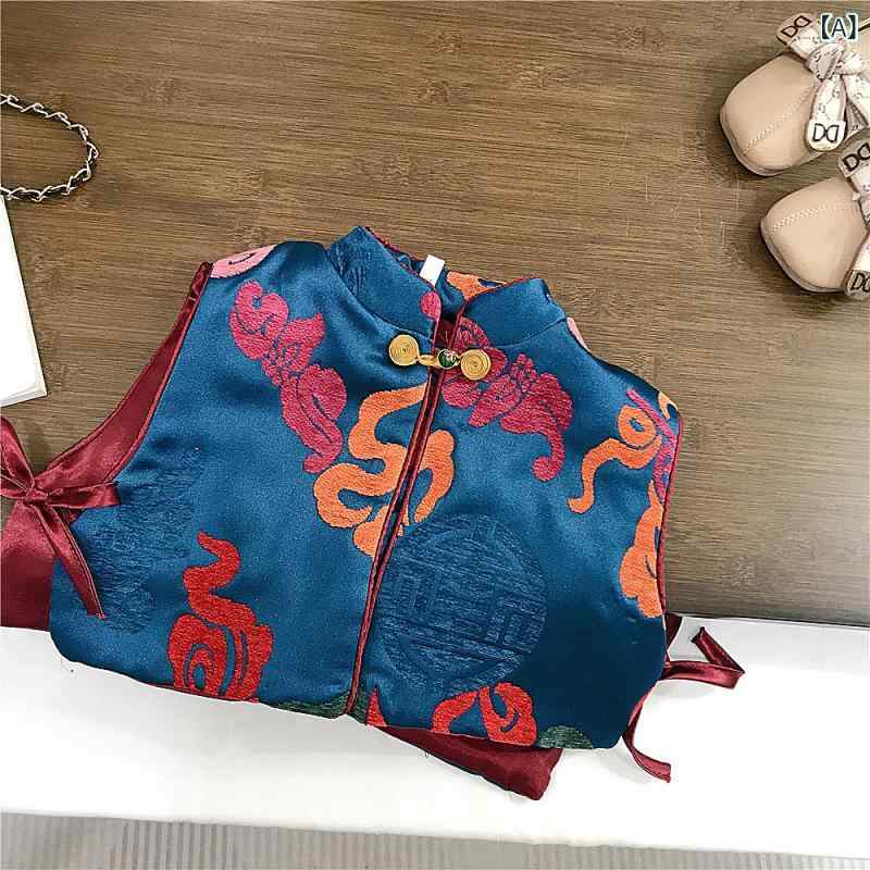 シャドーテールの子供用ベスト 女の子用 中綿入り タンクトップ ジャケット チャイナドレス風 厚手 秋冬 ベスト シルク ベルベット スカート セットアップ 普段着 宝藍色 黒｜アングル2