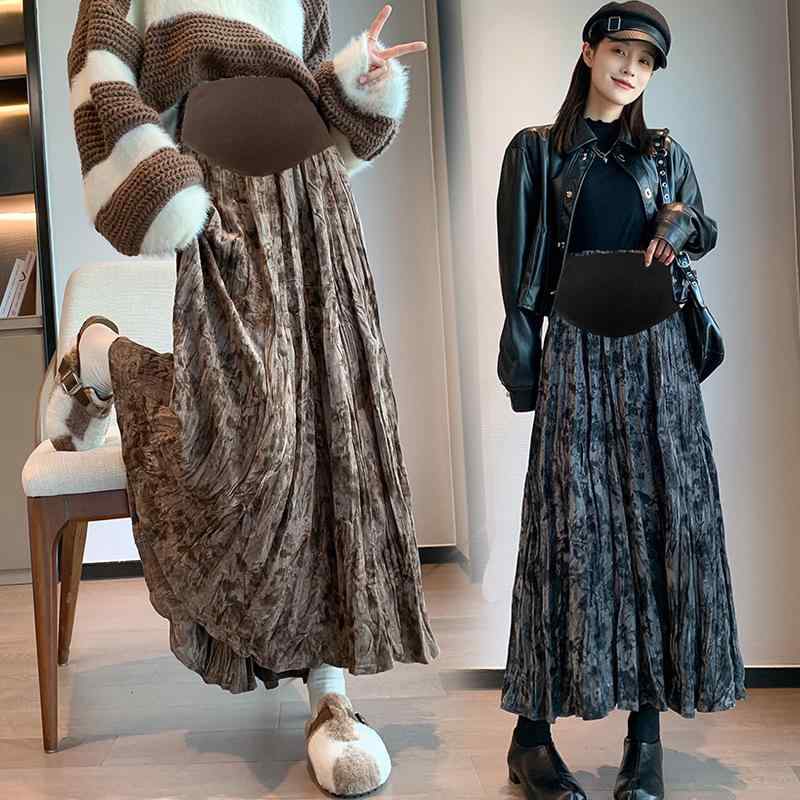 マタニティ スカート 秋冬 妊婦 Aライン ハイウエスト 腹 поддерживающий средний стиль 皺 染色 брюнетка ブラック系 M L XL 2XL