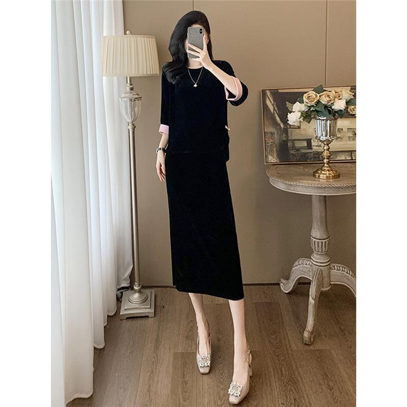 セットアップ レディース ファッション トップス スカート 2点 上下セット 高級感 ベルベット 切り替え シェニール ブラック S M L XL