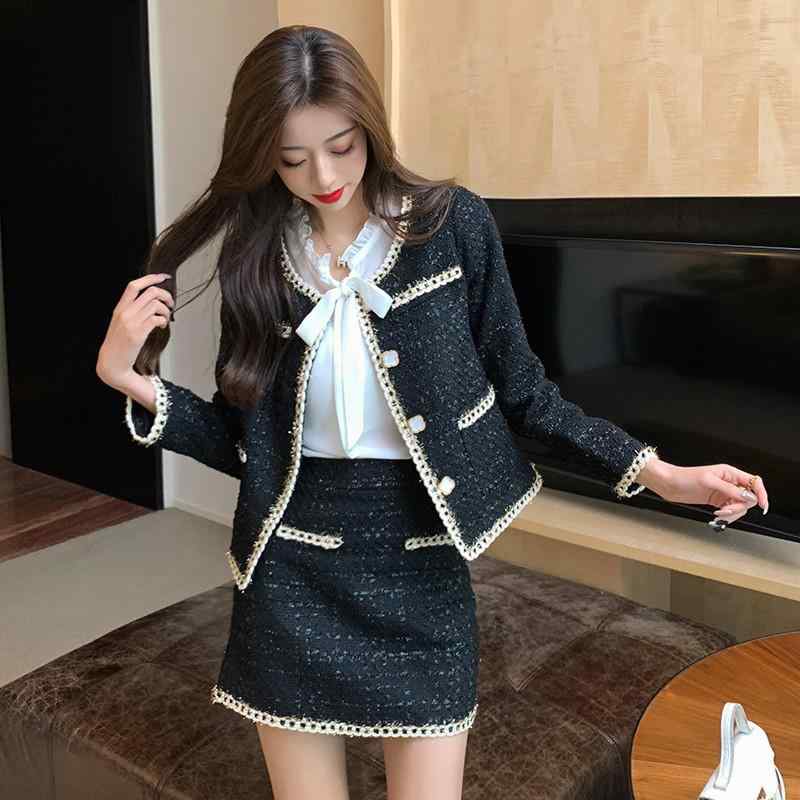 セットアップ レディース 秋冬 ツイード エレガント スカート トップス ブラウス 長袖 ポリエステル ブラック 無地 通勤 きれいめ