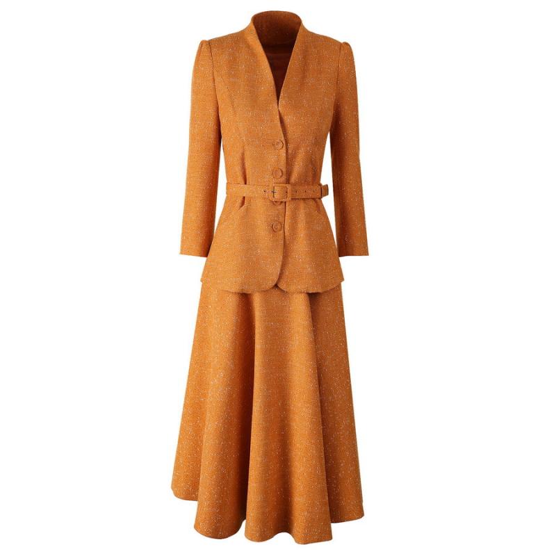 セットアップ レディース 高級感 ツイード 秋冬 Vネック ジャケット ミディ丈 スカート ファッション 通勤 膝丈スカート オレンジ 深灰色