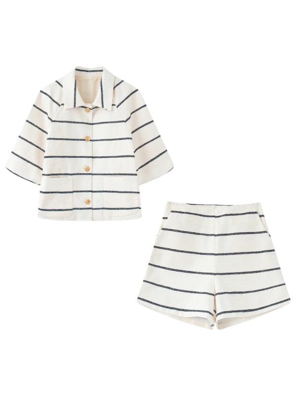 セットアップ レディース フレンチストライプ柄 トップス 半袖 ショートパンツ 欧美風 ポリエステル ホワイト ポケット付き 個性派 ストリート