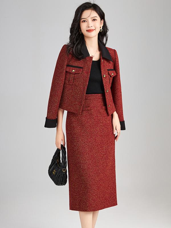 セットアップ レディース ニット ツイード ジャケット スカート 上下セット 秋冬 長袖 エレガント 気質 S M L XL 酒红色 黒色