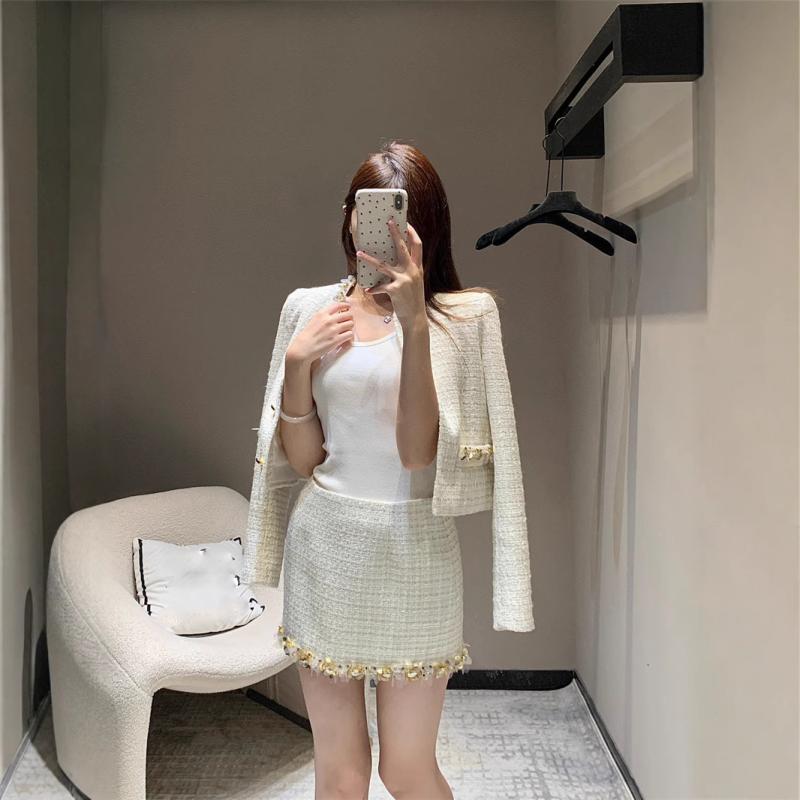 セットアップ レディース 粗花呢 ツイード ジャケット スカート 2点セット 長袖 ラウンドネック ビーズ スパンコール 杏色 私服 名媛風