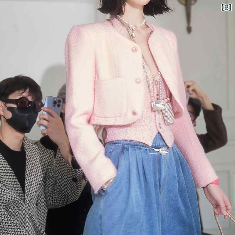 セットアップ レディース 早秋 ツイード ベスト ジャケット 2点式 無地 ピンク系 ポリエステル エレガント 上品