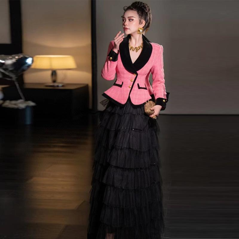 セットアップ レディース 粗織りツイード ピンク系 ジャケット チュール スパンコール 刺繍 ケーキスカ..