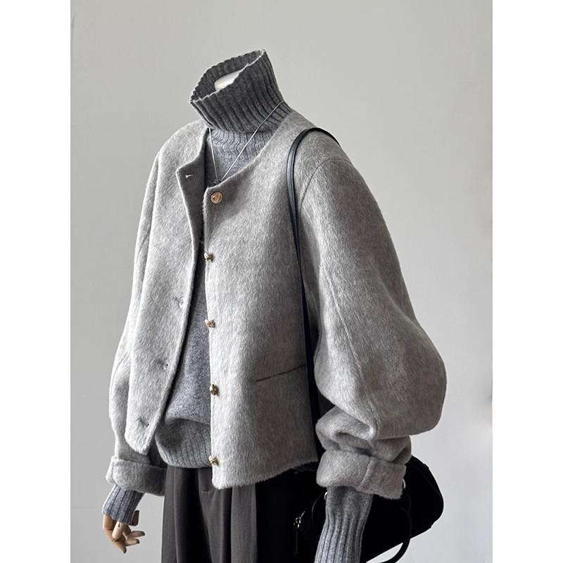 セットアップ レディース 秋冬 韓国風 グレー ニット トップス アウター 毛織 ジャケット 上下 2点セット オフィスカジュアル 通勤 きれいめ