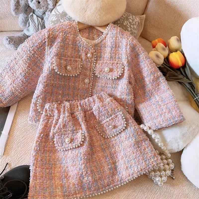 子供用セットアップ 秋冬 女児 粗織りツイード ジャケット スカート 上下セット かわいい パール飾り ピンク系
