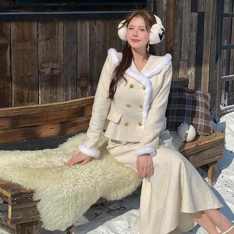 大きいサイズ レディース セットアップ 粗花呢 ツイード 2点セット 白色 Vネック 長袖ブラウス ロングスカート エレガント 上品 きれいめ(4)