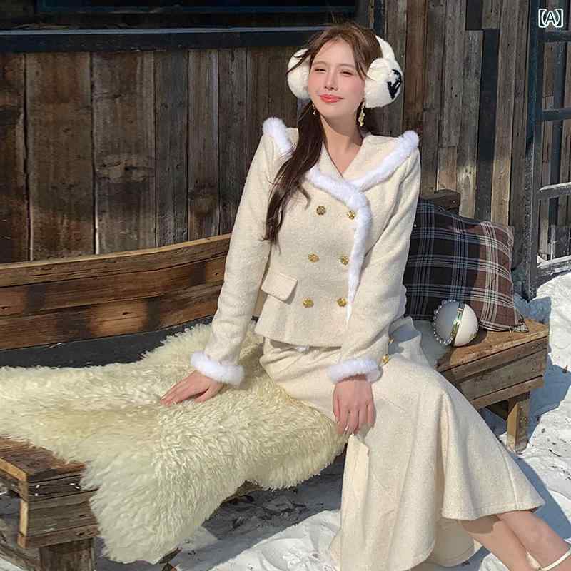 大きいサイズ レディース セットアップ 粗花呢 ツイード 2点セット 白色 Vネック 長袖ブラウス ロングスカート エレガント 上品 きれいめ 2