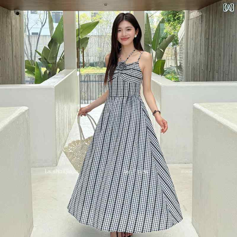 ワンピース レディース 吊りスカート 膝下丈 傘型スカート ノースリーブ チェック柄 ポリエステル ブラック かわいい リゾートスタイル