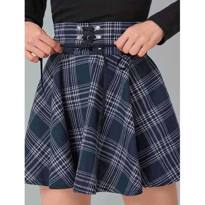 スカート レディース 膝上丈 Aラインスカート タータンチェック柄 ポリエステル ウエストゴム プリーツスカート 紺色系 伸縮性 普段使い(4.0)